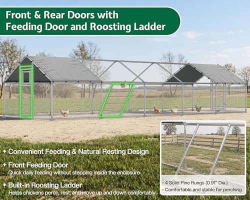 32x10 FT Extra Large Walk-in Chicken Coop with Spire Roof Cover | Front and rear doors, feeding door, roosting ladder and galvanized frame support easier daily poultry care - size: 372.4"L x 118.1"W x 77.6"H