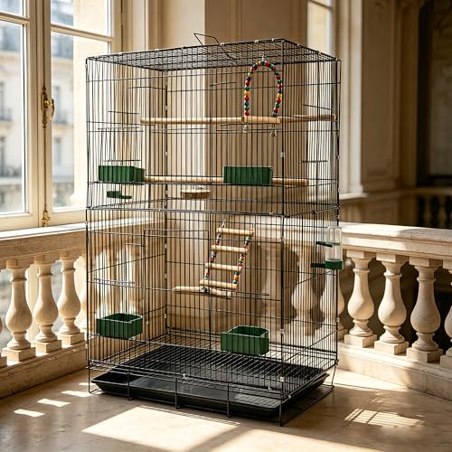 30-inch Folding Parrot Medium Bird Cage, Hanging Bird Cage for Parakeets Finches Canaries Lovebirds Cockatiels Budgies Small Quaker Conures Travel Pet Flight Birdcage with Swing and Perch