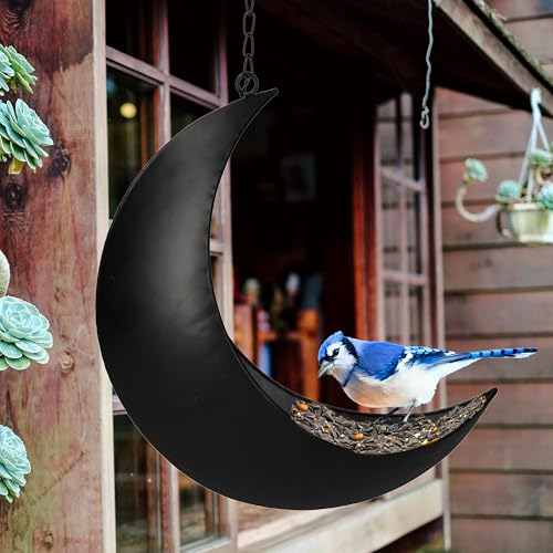 Hanging Moon Bird Feeder – Unique Metal Bird Feeders for Outdoors, Black Rust-Resistant, – Wild Bird Feeder for Bluebirds, Cardinals, Finches, and Backyard Birdwatching (Black) - color: Black