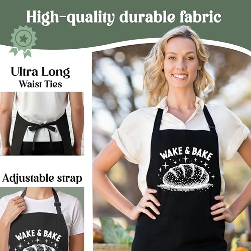 Wake & Bake Sourdough Apron for Women with Large Pockets - Funny Baking Aprons, Adjustable Professional Kitchen Apron for Bread Making, Grilling - Unique Sourdough Gifts for Bakers & Moms - C19 - color: Wake & Bake