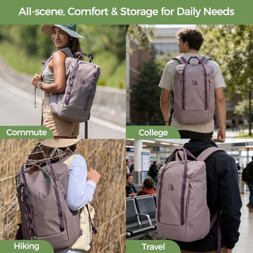 INUK Travel Laptop Backpack, 25L Recycled Waterproof Light Daypack | Dual laptop pockets, soft light foam straps, recycled wear-resistant fabric, water repellent coating, Purple - color: Misty Purple