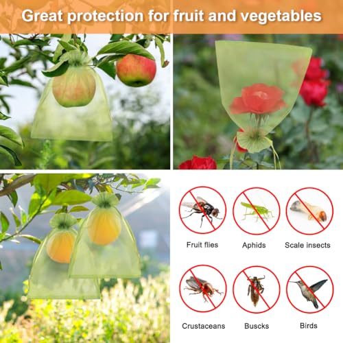 Shintop 100Pcs Fruit Protection Bags, 6x9inch Green Fruit Tree Net Cover | Drawstring Mesh Tomato Bags, Fine Mesh Blocks Bugs, Breathable Sheer Organza, Gentle on Delicate Stems, Fits Apples, Mango - size: 6x9 inch