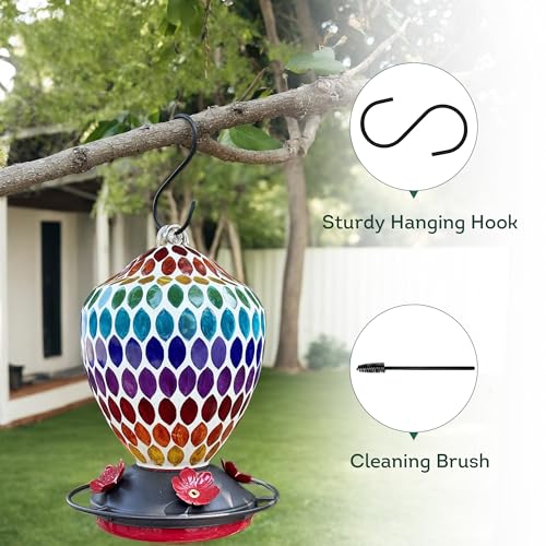 Lily's Home Mosaic Glass Hummingbird Feeder 35oz - Colorful Garden Décor - Easy Refill Wide-Mouth - Includes S Hook & Brush for Bird Lovers - Measures 5.9’’x5.9’’x8.3’’ - color: Multicolor
