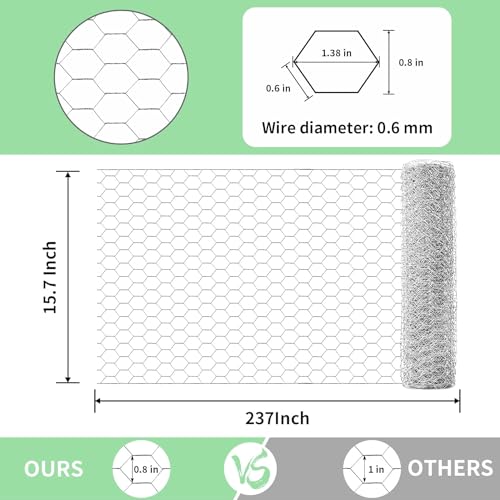 Chicken Wire 15.7 in x 237 in Poultry Wire Netting Hexagonal Galvanized Mesh Garden Fence Barrier for Pet Rabbit Chicken Fencing - color: Silver, size: 15.7"x237"+0Ties