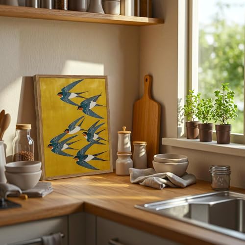 Vintage Japanese Bird Wall Art, Japan Swallow Wall Decor Painting Cottage Animal Poster Canvas Prints Picture for Bedroom Living Room Farmhouse 12x16 inch Wood Framed - color: Animal-N, size: 16"L x 12"W