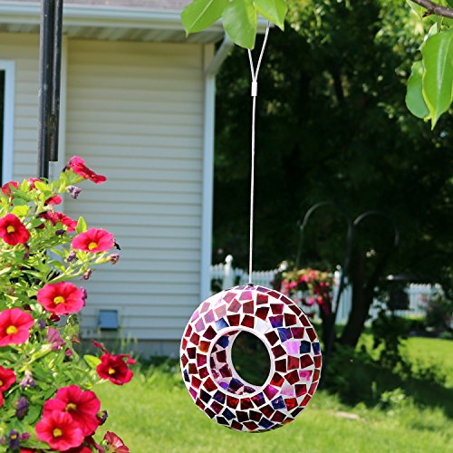 Sunnydaze Mosaic Glass Bird Feeder, Fly-Through, Crimson Mosaic | 6" Small Unique Hanging Bird Feeder for Outdoors, Drainage Hole, Weather-Resistant, Birdfeeder for Cardinals, Jays, & Finches - color: Crimson Mosaic