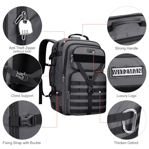 WITZMAN Travel Backpack for Men 45L Convertible Bag Fits 17" Laptop | Large Nylon Carry on Luggage Bag, 3 in 1 Laptop Backpack Airline Approved, For Weekend Getaway, Overnight Trip, B688 Grey - color: Silvery Grey