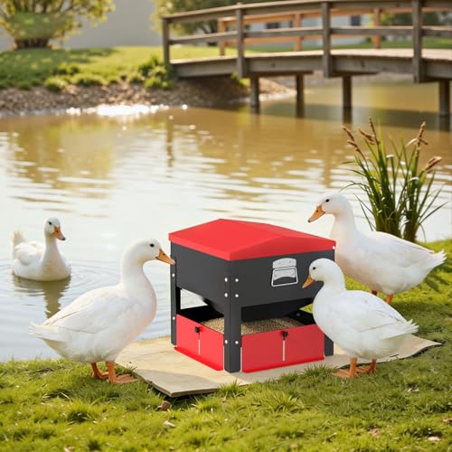 Portable Metal Chicken Feeder, Freestanding Chicken Feeder with Top-Sloped Waterproof Lid, No Waste Gravity Poultry Feeder for Hens and Ducks, 80 lbs Large Capacity