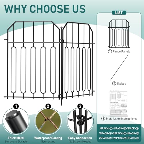 Goovilla Garden Fence, Total 10ft(L) x 21in(H), 10 Pcs, Rustproof Metal | Garden Fencing Animal Barrier, Wire No Dig Fence Panels, Black Decorative Garden Fences and Borders for Dogs,Flower Bed,Patio - size: Square arch with Curved