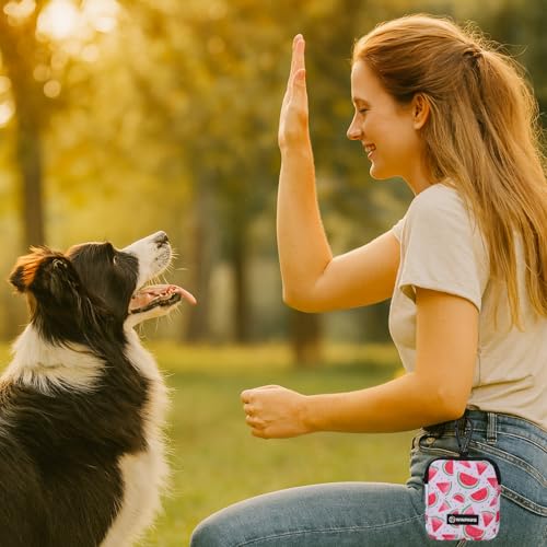 Dog Treat Pouch with Training Clicker,Waterproof Nylon Fabric Poop Bag Holders for Leashes,Hands Free Small Dog Walking Bag with Carabiner, Pet Puppy Training Walking Essentials (Watermelon) - color: Watermelon