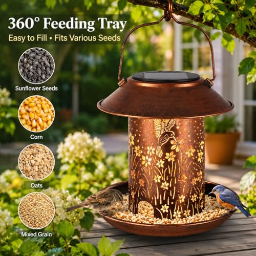 Hummingbird Bird Feeders for Outdoors Solar Lanterns Outdoor Waterproof | Garden Decor Birthdays for Women Mom Metal Hanging Solar Decoration Outside for Yard, Patio - size: Flower Hummingbird-1 Pack
