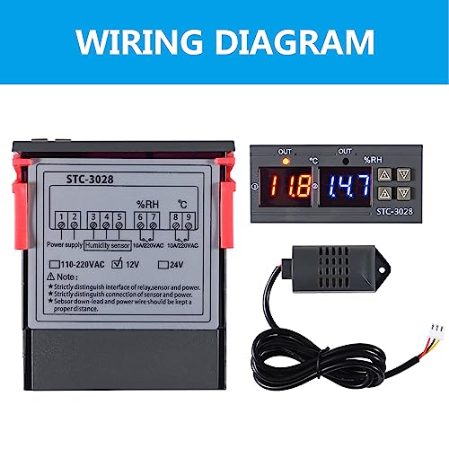 STC-3028 Temperature Controller 12V Temperature and Humidity Controller Meter with Integrated Sensor Dual Digital Display Thermometer Hygrometer Incubator Controller - size: 12V