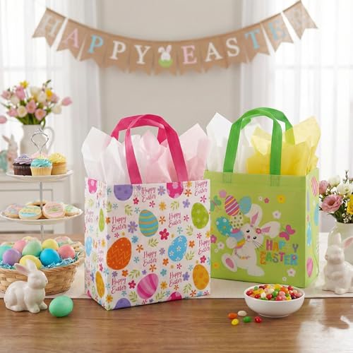 SUNCOLOR Easter Gift Bags, 6 Pack Non-Woven Tote Bags with Bunny Design, 9x9x4.7 Inch, Reusable Party Supplies for Kids Egg Hunt Games