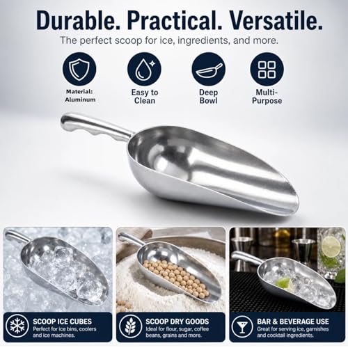 Cast Aluminum 38oz Utility Scoop, Round Bottom Multi-Purpose Ice Scooper with Finger Groove Handle,Food Grade Solid Conical Scoop for Ice Maker Flour Cereal Popcorn Pet Food - size: 38oz