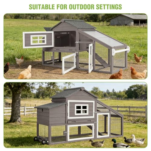 GUTINNEEN Large Chicken Coop with Wheels, Expandable Mobile Outdoor Chicken House, Hen House Poultry Cage with Nesting Box, Leakproof Pull-Out Tray & UV-Resistant Roof – Brown - color: (Brown)