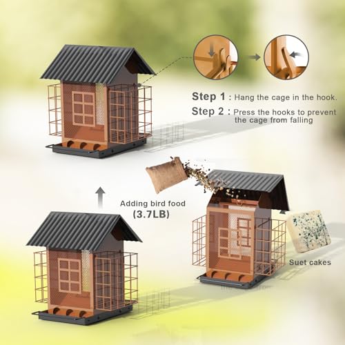 FlowaFoli Bird Feeders for Outdoors Hanging, Metal Bird Feeder with Double Suet Cage Cake, Large Capacity, Birdfeeders Sturdy & Weatherproof, Easy to Clean & Refill, Great for Attracting Wild Birds - color: Brown