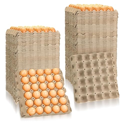 Economy Egg Cartons Bulk - 30 Cell Pulp Fiber Egg Flats for Chickens & Ducks - Reusable Stackable Cardboard Tray for Home Storing & Packing (130)
