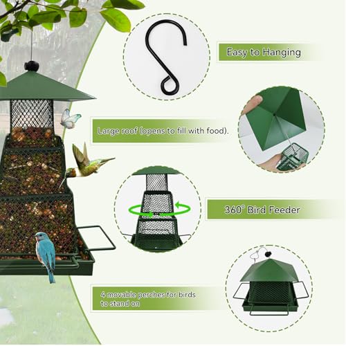 Metal Hanging Bird Feeder with 360° Mesh and 4 Perches | 4lb Seed Capacity, Easy Refill Roof, Weather Resistant, Small Bird Friendly, Ventilated Design, Durable Metal Build - color: Green
