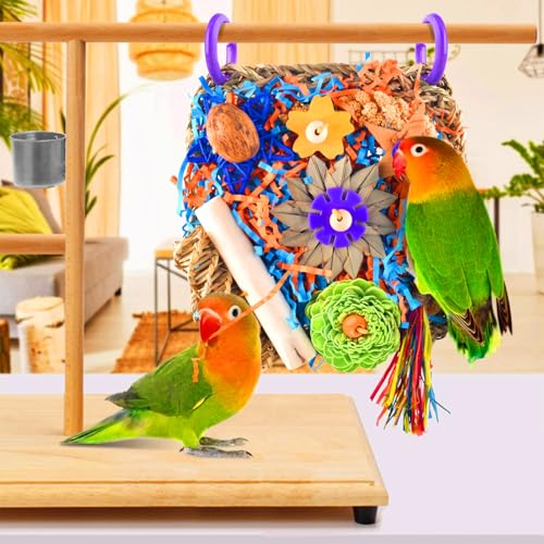 Bird Toys, Bird Foraging Hanging Climbing Toys for Small-Medium Parrot | Natural Grass Mat Bird Toy Satisfies Foraging & Chewing; Hanging Design Fits Cage - style: Flower decor