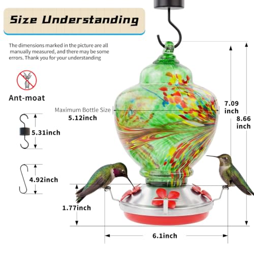 Hummingbird Feeder Colorful Blown Glass Outdoor Hummingbird Feeder with Ant Moat and 5 Feeding Ports for Outdoors Hanging Garden Decor, Bird Lovers (Green-2) - color: Green-Phoenix