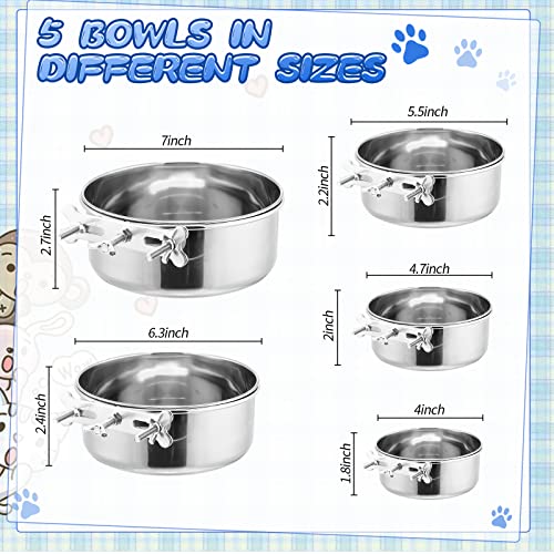 5 Pack Crate Water Dog Bowls 5 Size No Spill Hanging Dog Crate Bowl Stainless Steel Crate Water Cat Bowls Hanging Cage Kennel Dog Feeder Mountable Metal Dog Food Bowls for Dogs Cat Bird