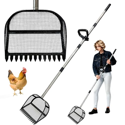 2-in-1 Chicken Poop Scooper, Chicken Coop Sand Rake with Adjustable Handle | 24-68in Stainless Steel Handle, Chicken Coop Rake for Chicken Coop Accessories Waste Cleaning Tools