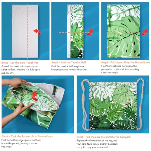 2 in 1 Packable Towel Bag - Summer Tropical Beach Blanket Backpack Green Travel Picnic Towel for Family Holiday Camping - color: Tropical Leaf Green