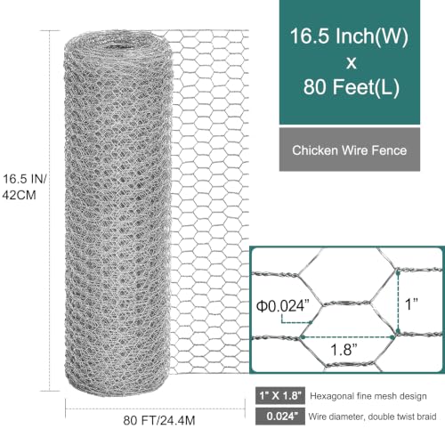 Chicken Wire Fencing, 16.5 Inch x 80 Ft Chicken Wire Mesh for Garden Plants | 24 Rifny 1 Inch Mesh, Hexagonal Galvanized Metal Poultry Wire Netting Roll, for Chicken Coop Rabbit Dogs Barrier - size: 16.5 x 960 Inches-1 Inch Mesh