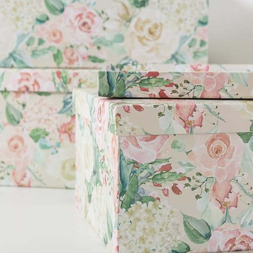 Soul & Lane - Blooming Rose Decorative Storage Boxes with Lids, Set of 3 | Large Nesting Cardboard Keepsake Boxes for Photos and Memories, Floral Photo Storage Containers for Home Decor - color: Blooming Rose