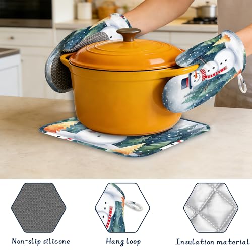 Oven Mitts and Pot Holders Sets,Cute Snowman Thick Cotton Kitchen Oven Mitt Set,Christmas Winter Forest Waterproof Anti-Slip Silicone Mittens for Baking,Cute Cooking Utensils Set - color: Cute Snowman