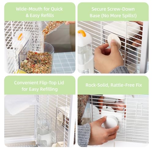 No-Mess Bird Feeder & Waterer Set for Cage, 300ml Auto Feeder with Seed Hull Catcher & 400ml Stainless Steel No-Backflow Drinker, for Cockatiels Conures Parakeets