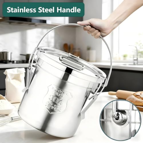 304 Stainless Steel Airtight Canister for Kitchen, 2.4Gal Food Storage Container with Lid and Locking Clamp Metal Bucket for Rice, Flour, Grain, Coffee Bean, Sugar, Cookie 9L (Handheld) - size: Handheld 9L/2.4gal