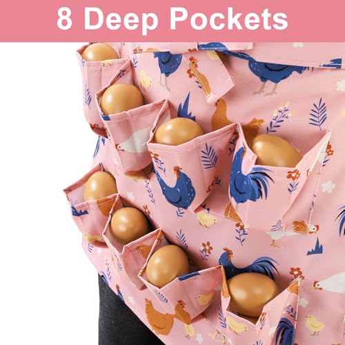 Egg Collecting Apron for Kids, Chicken Egg Apron with 8 Pockets | Cute Eggs Aprons for Fresh Eggs for Hen, Duck, Goose, Bird, Various Collection (Pink,Cartoon Chicken)