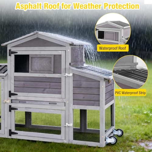 Aivituvin Chicken Coop with Run and Wheels, Mobile Outdoor Hen House Wooden Poultry Cage with Waterproof Roof (Grey, AIR61) - color: Grey, size: AIR61