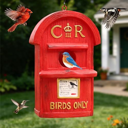Bird Houses for Outside Red Mailbox Birdhouse with Hand-Painted Resin Birdhouses for Outdoors for Bluebird Finches Cardinals Bird Nesting Garden, Patio, Yard - color: Red