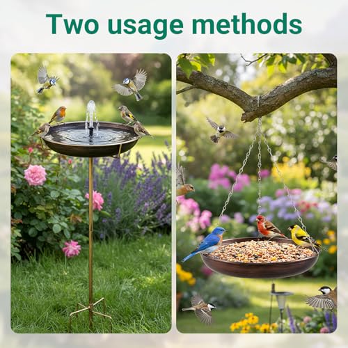 Glooglitter 32" H*12" W Bird Bath with Solar Fountain Fountain Hanging & Freestanding 2 in 1 Outdoor Garden Decor Metal Ground Stake with Solar Pump for Birds Patio Yard 1 Gallon Antique Bronze
