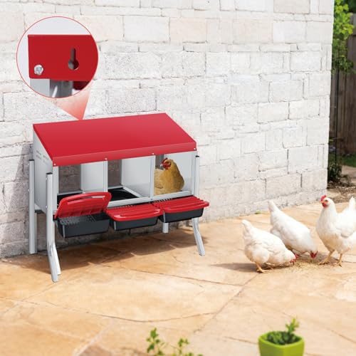 Chicken Nesting Box 3-Compartment Roll-Out with Pull-Out Trays, Egg Nesting Boxes for Hens, Chicken Coop Laying Box,Easy Wall Mounting with Metal Legs - color: red, size: 30.7"L x 20.1"W x 20.1"H