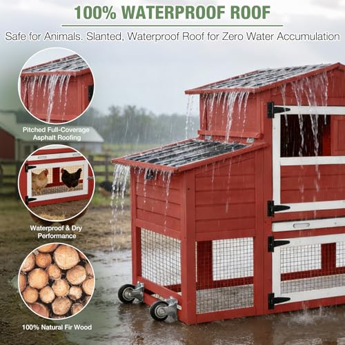 Mobile Chicken Coop with Wheels for 4-6 Chickens, Large Outdoor Hen House with Run, Weatherproof Roof, Sectionable Nesting Box, Pull-Out Tray, 83.3" L x 26" W x 42" H - Red - size: 83.3"L x 26.0"W x 42.0"H