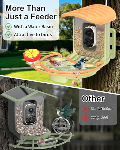 Bird Feeder with Camera, 2K HD Camera Birds Feeder with AI Bird Recognition, Solar Powered Smart Birdfeeder with Bath, App Control, Color Night Vision, Gift Box Package, Easy Install - color: Green, size: Bath
