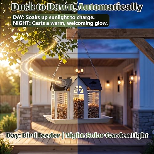 Solar Bird Feeder for Outdoors Hanging –Bird Feeders with Solar Light | Heavy Duty Metal Wild, with 5 Bird ID Cards, Chew Resistant Seed Feeder for Cardinal, Unique Gifts for Mom