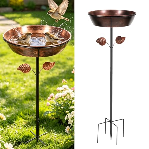 3.2In Deep Metal Bird Bath 40In High for Outside with 5 Prongs Base Stake | Free Standing Bird Feeder, Vintage Freestanding Birdbaths & Birdfeeder, for Yard Lawn Decor, Bronze, Adjustable Height
