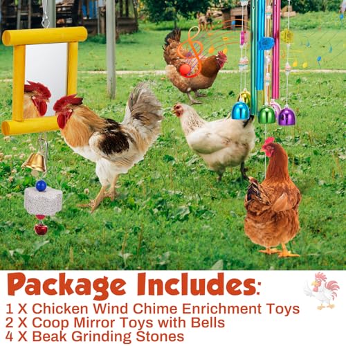 VioraWhite 7 Pcs Chicken Toys, Hanging Chicken Wind Chime, 2 Pcs Coop Mirror Toys with Bells 4 Pack Beak Grinding Stones, Musical Coop Accessories for Hen Rooster Chick Poultry Bird (Rose Red, Yellow) - color: Rose Red, Yellow