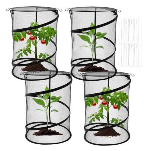 MDEOOSKY 4 Pack Pop Up Plant Covers Tent, 23.6"x11.8" Round Insect & Bird Barrier Mesh, Garden Protector Cage with 16 Ground Stakes, Foldable for Outdoor & Indoor Plants, Black