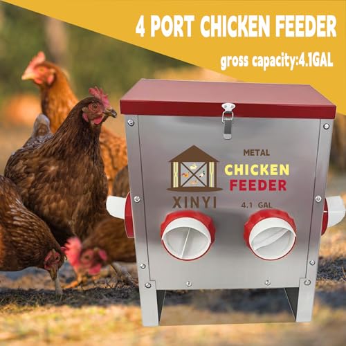 25lbs Metal Chicken Feeder, 4 Ports Galvanized Feeder, Goat Proof Auto Chicken Feeder, Weatherproof Chicken Food Dispenser System for Outdoor Coop,4.1 Gallon - size: 4 ports