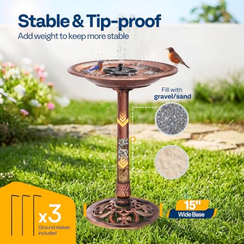 VIVOHOME Bird Bath with Solar Fountain for Outside, Pedestal, Bronze | Solar-Powered Pump, Weather-Resistant Polyresin, 20-Inch Bowl, for Outdoor/Garden, Bird-Friendly, Easy to Clean - color: Bronze