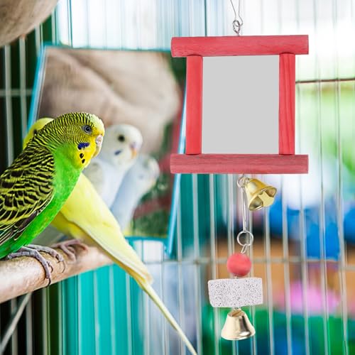 Yardwe Bird Cage Toys 2Pcs Hanging Mirror Toys with Bells and Pecking Blocks for Parrots Chickens Roosters Interactive Chew Toys for Bird Cage