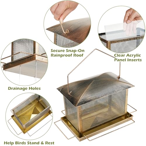 Bird Feeder, 6LB Large Capacity Bird Feeders for Outdoor Hanging | Heavy Duty Metal, Waterproof, Drain Holes, 4 Perches, Easy to Fill, Wild Birdfeeder, For Garden Yard Outside Backyard - size: Horizontal, 6 pounds
