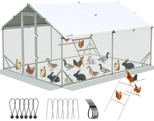 Quictent Large Metal Chicken Coop Run for 20+ Poultry w/Metallic Perch | Side Hardware Cloth & Cover, Advanced Series Outdoor Walk-in Cage Hen Duck Rabbit Dog Pen Yard Farm House, 12x9x6.6FT - color: Metallic, size: 142.4"L x 107.3"W x 78.0"H