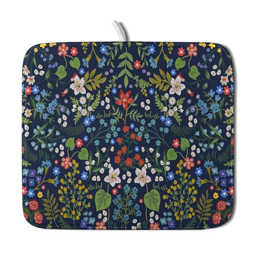 Flower Floral Dish Drying Mat Microfiber Navy Blue Absorbent Drying Pad for Kitchen Counter Small - color: Colored Flower, size: 18" x 16"