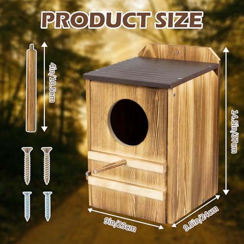 9'' x 14.5'' Owl House for Outdoor, Screech Owl House, Bird Box Large Handmade Wooden Circular Opening Screech Box for Outside with Mounting Screws and A Bag of Wood Shavings